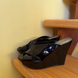Jessica Simpson Black Patent Wedge Sandals - Women's Slip-On Peep Toe